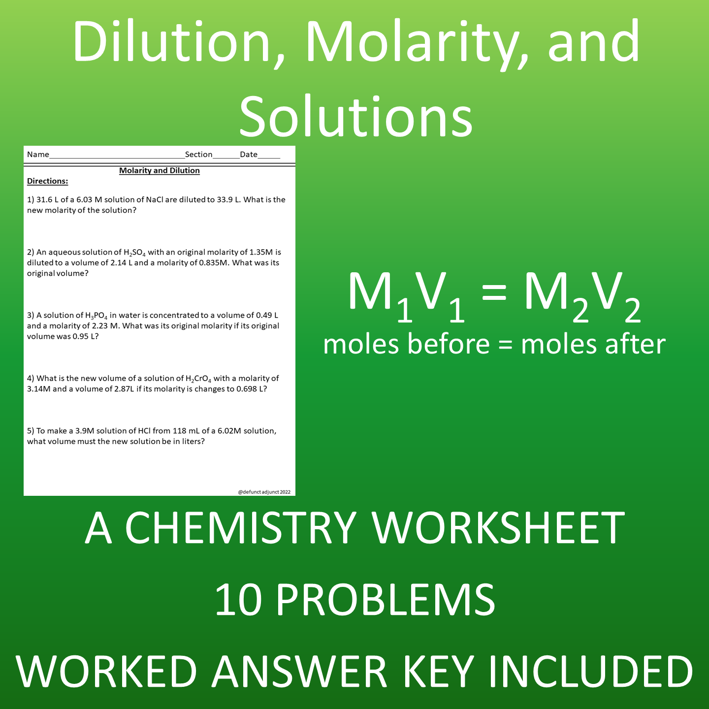 Dilution Molarity And Volume Calculations A Chemistry Worksheet