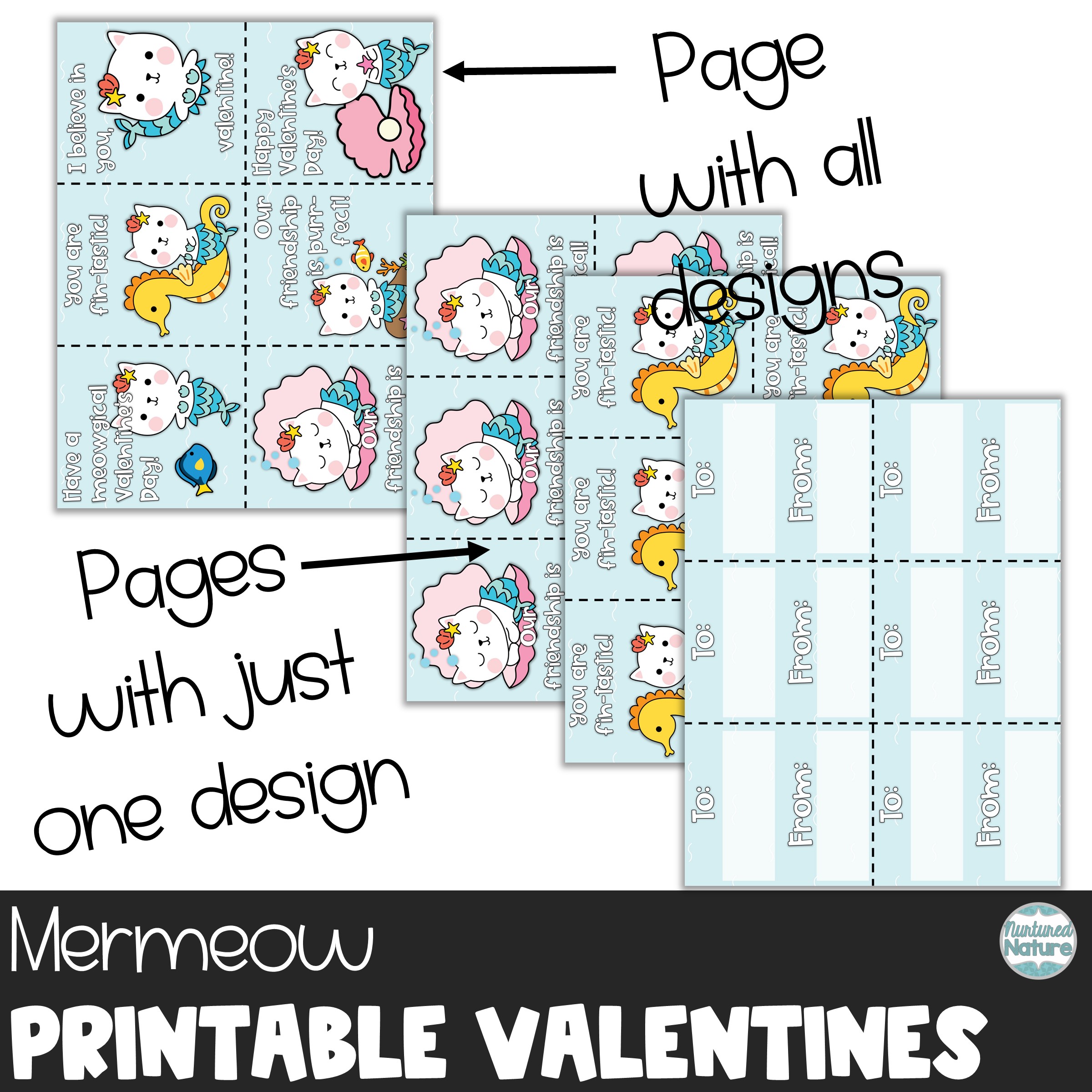 Mermaid Cat Printable Valentine’s Day Cards for Students Made By Teachers