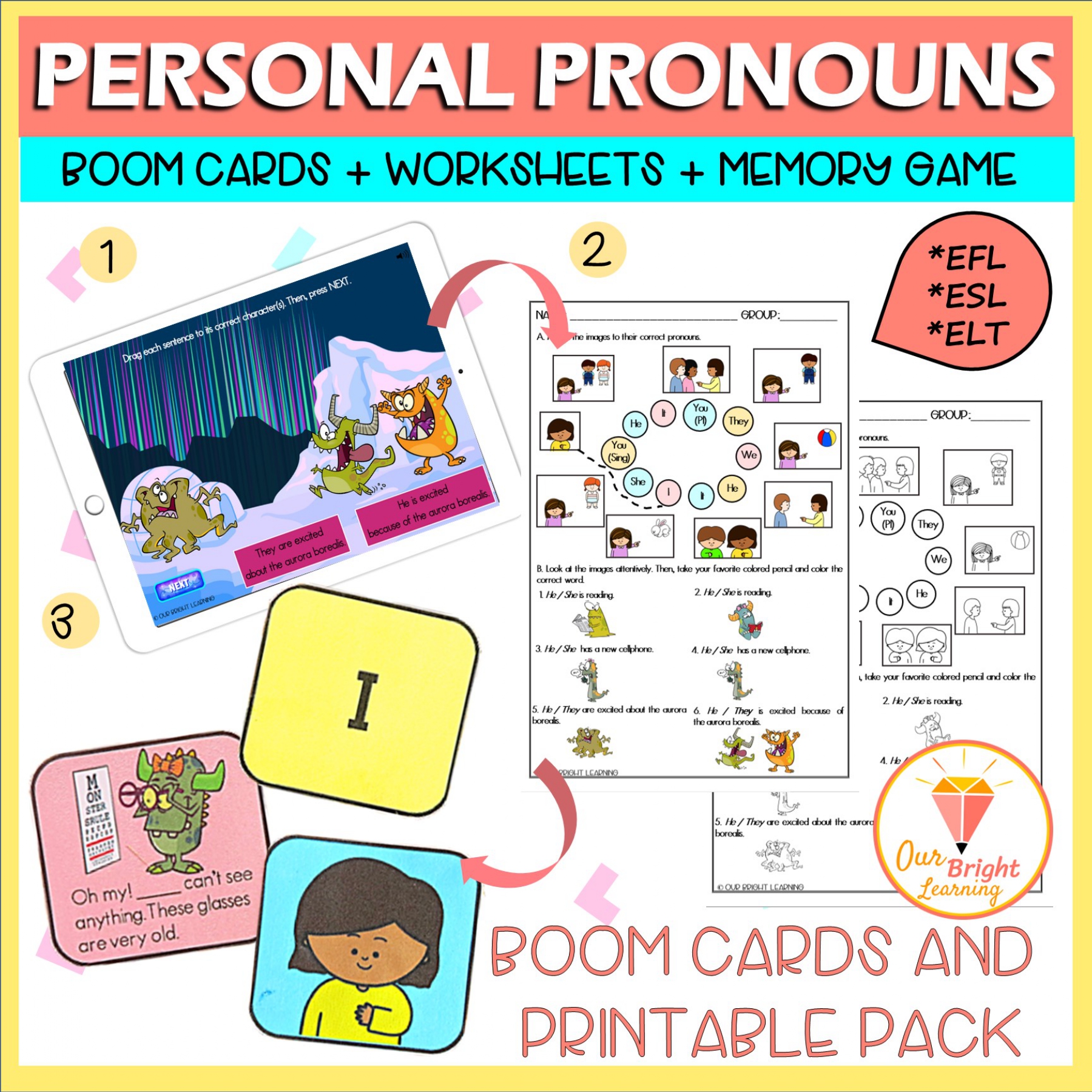 ESL EFL ESOL Personal Pronouns BOOM Cards Worksheets Memory 