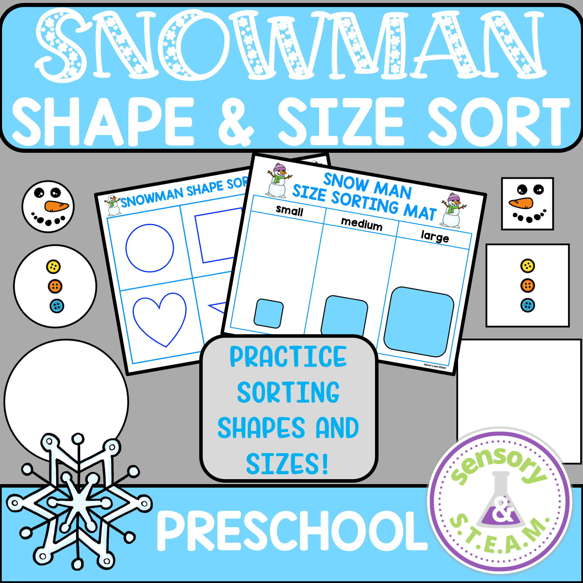 WINTER SNOWMAN SIZE AND SHAPE SORTING LEARNING ACTIVITY GAME