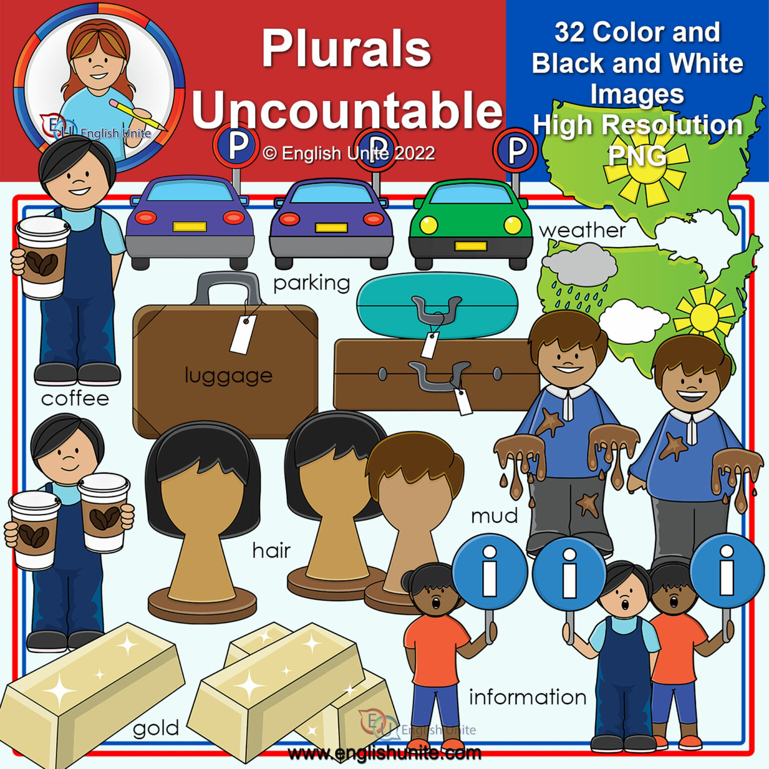 Clip Art Plurals 8 (Uncountable Nouns) Made By Teachers