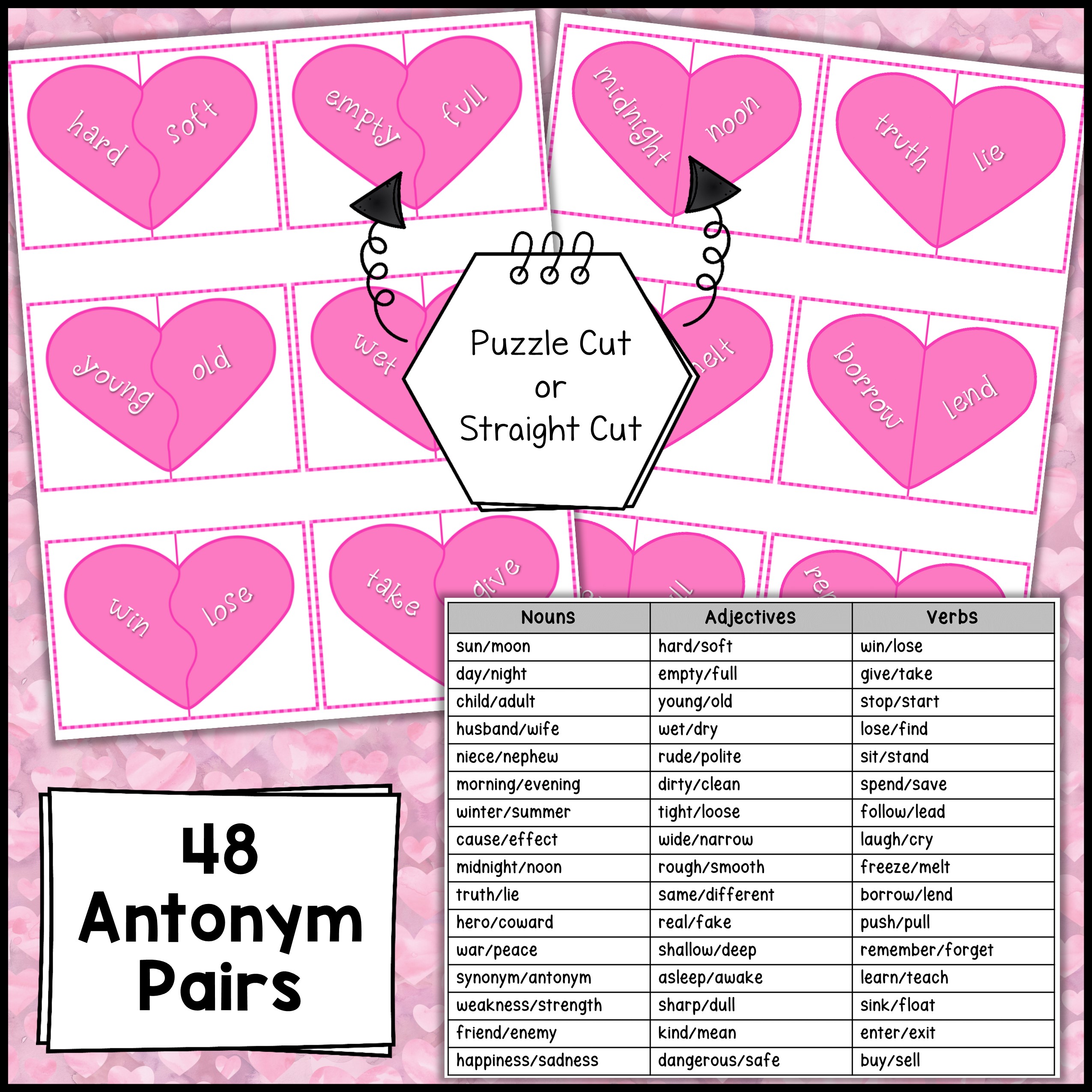 Valentine's Day Antonyms Match and Parts of Speech Sort - Heart Puzzles |  Made By Teachers