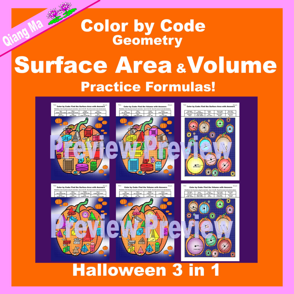 Halloween Color by Code Surface Area and Volume Practice Formulas 3 in 1 Made By Teachers