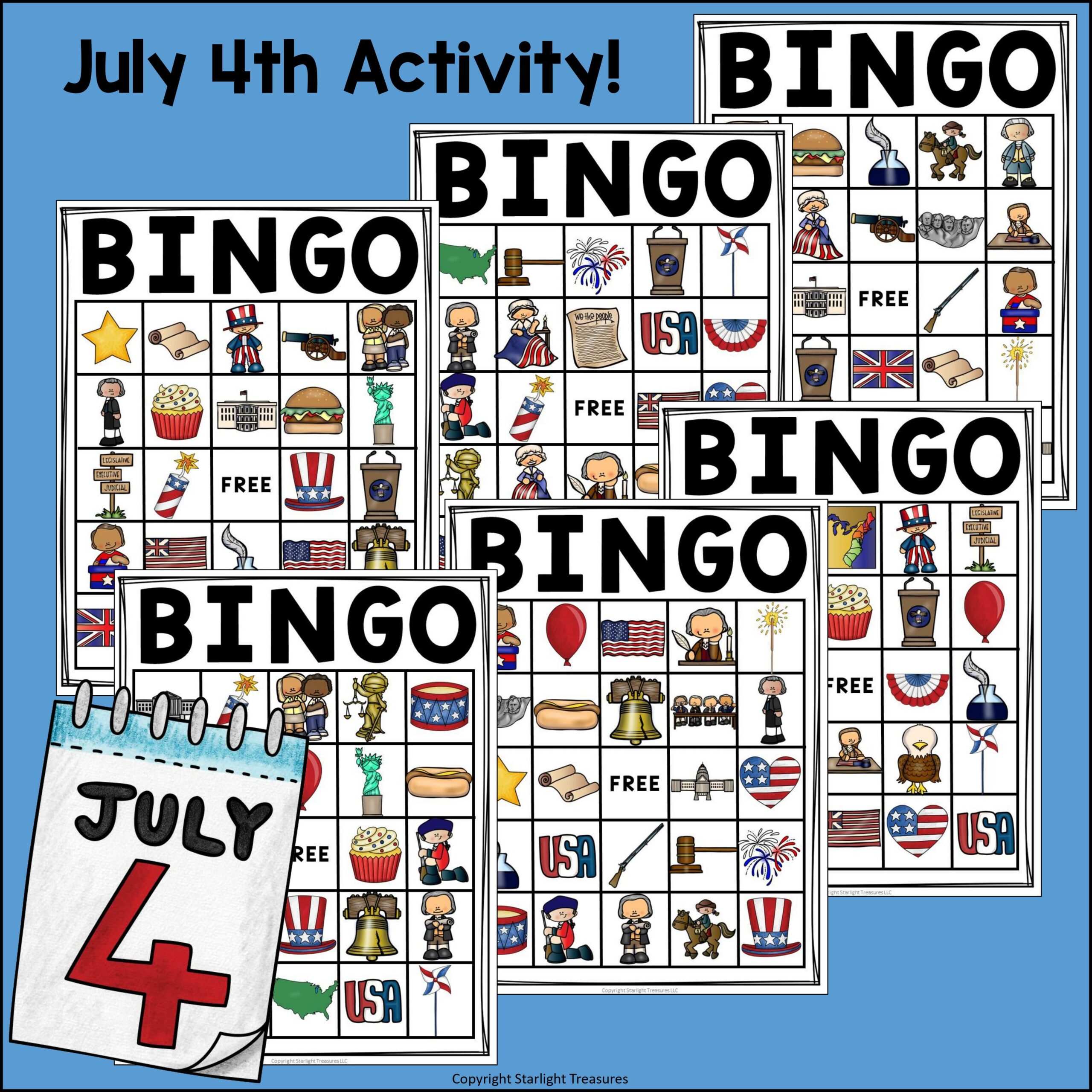 Independence Day Bingo Cards for Early Readers July 4th, Independence