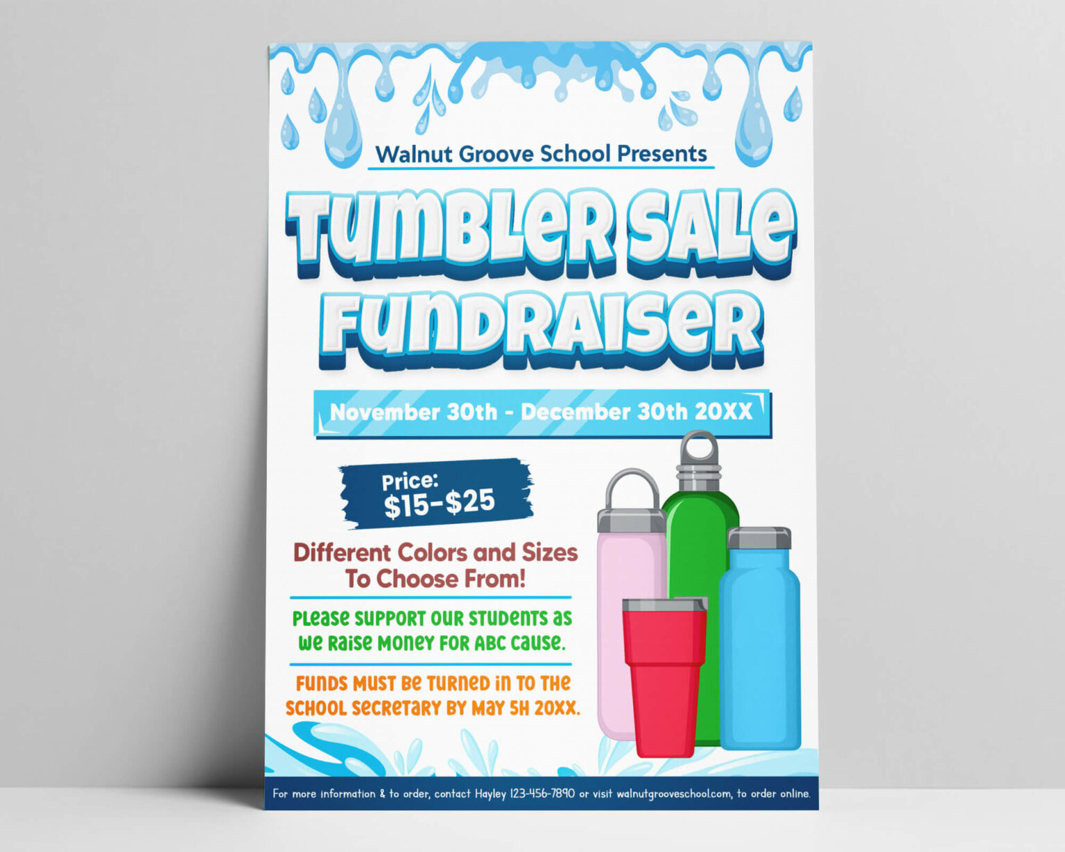 Editable Tumbler Sale Flyer, PTA PTO School Church Fundraiser Flyer