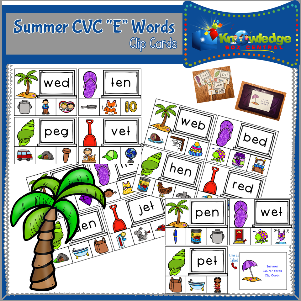 Summer CVC "E" Words Clip Cards