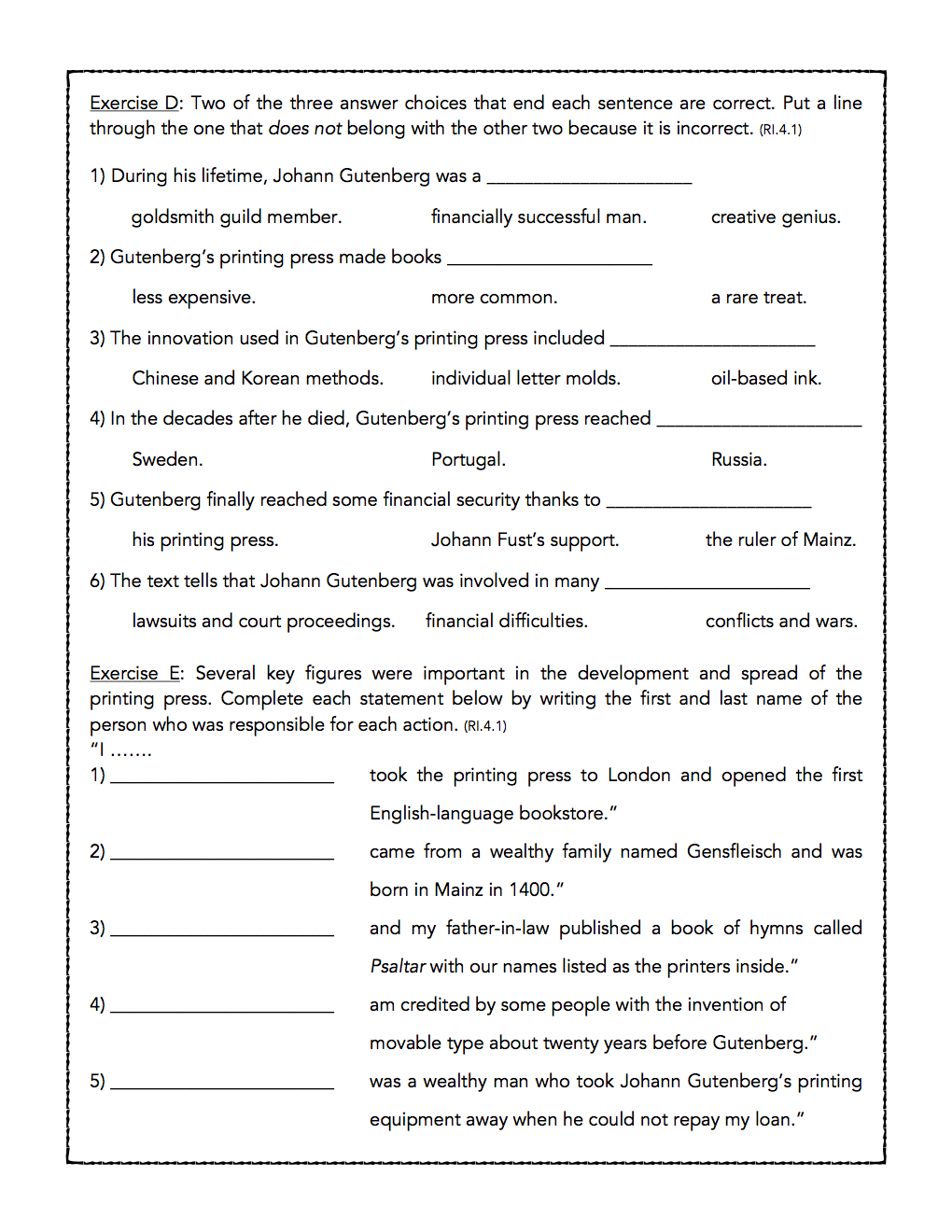 Johann Gutenberg and the Printing Press Reading Comprehension Passage