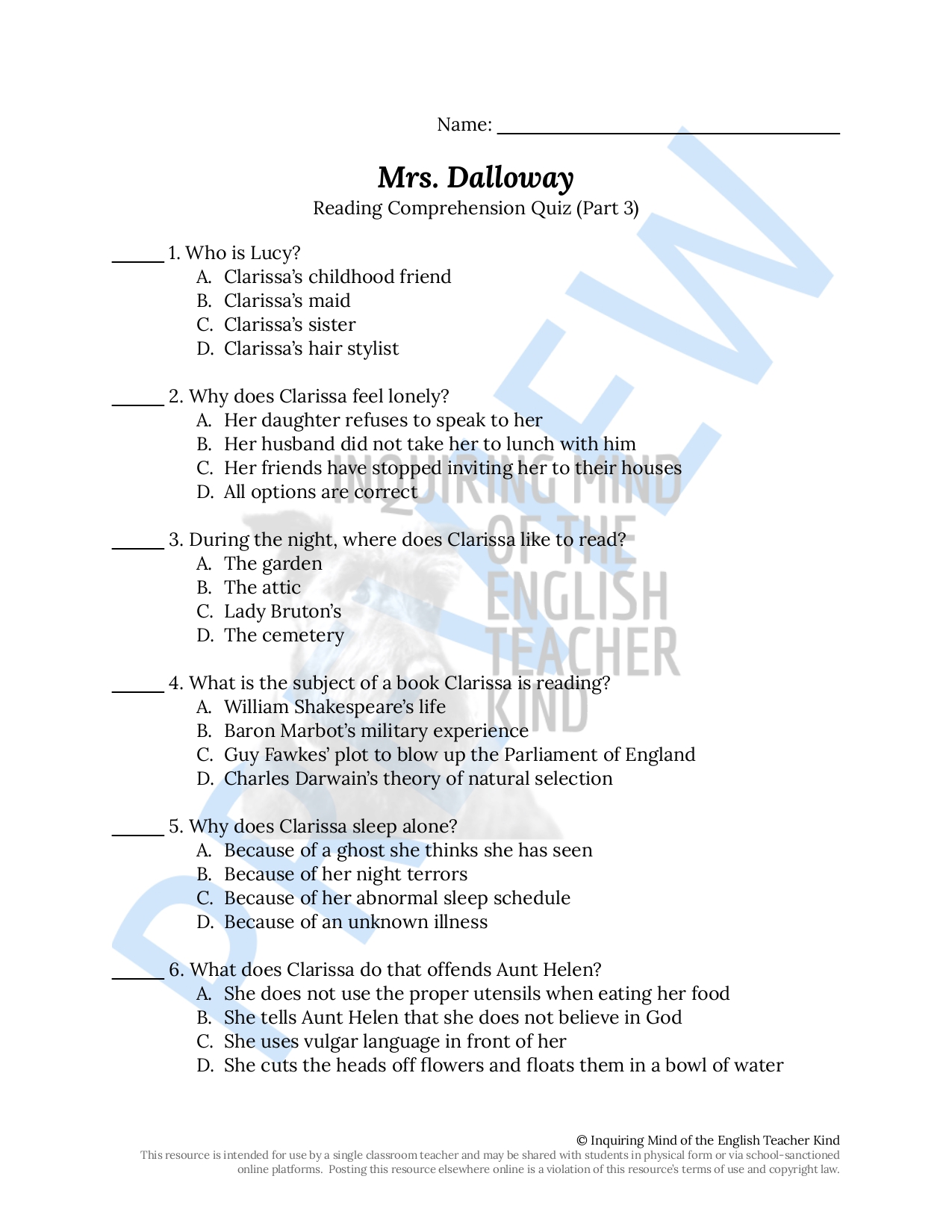 Mrs. Dalloway by Virginia Woolf Quiz and Answer Key (Part 3) - Made By ...