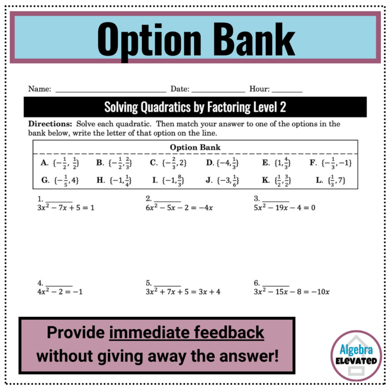 Solving Quadratic Equations by Factoring Worksheet Level 2 - Made By ...