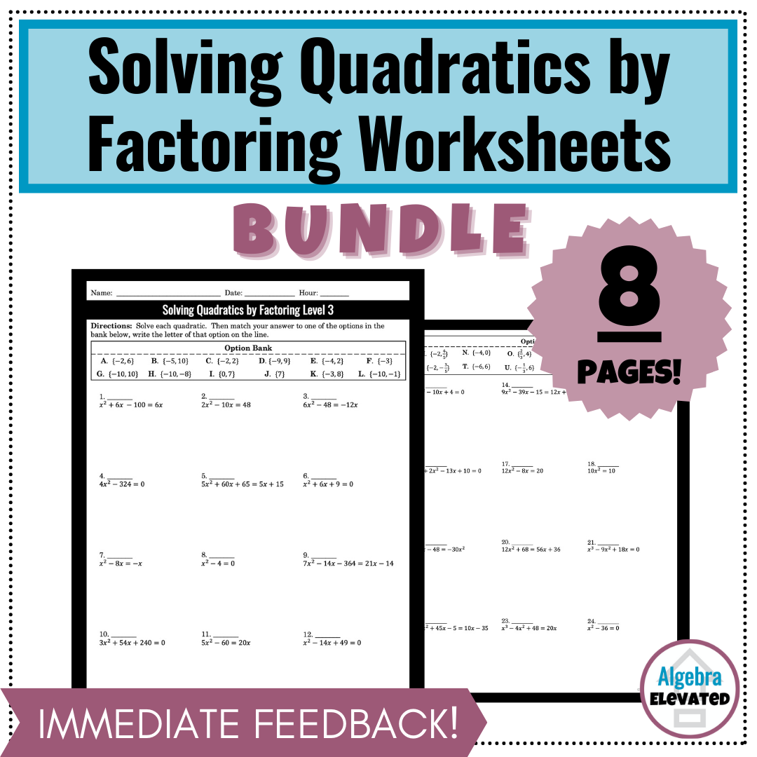Solving Quadratic Equations By Factoring Worksheet Bundle Made By