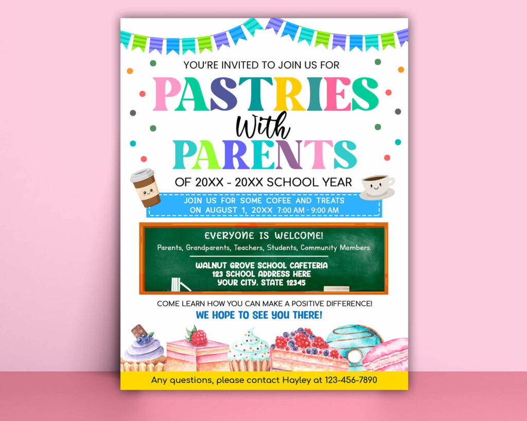 Editable Pastries With Parents Fundraiser Flyer Template, PTA PTO School Church Fundraiser Flyer
