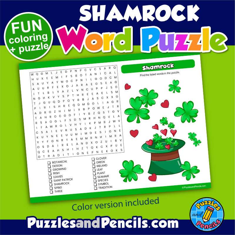 Shamrock Word Search Puzzle and Coloring | St Patrick's Day Wordsearch ...