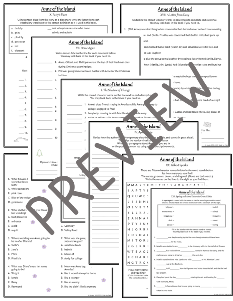 Anne of Green Gables Novel Study Activities Printable Book Worksheets ...