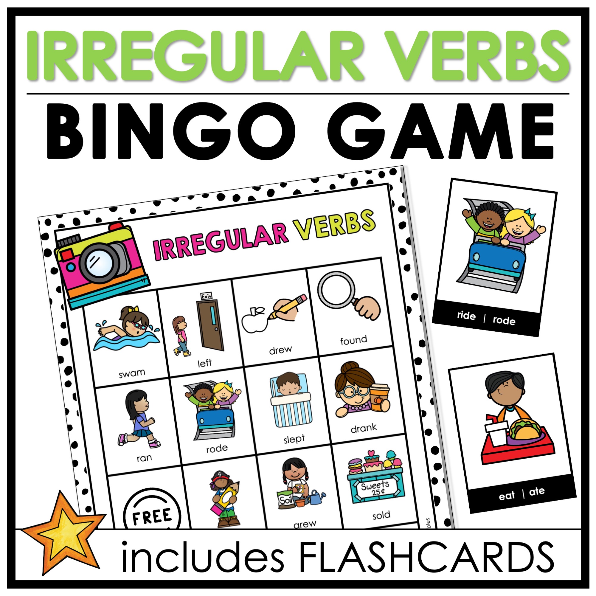 Irregular Verbs Bingo Game Past Tense Verb Activity Flashcards 