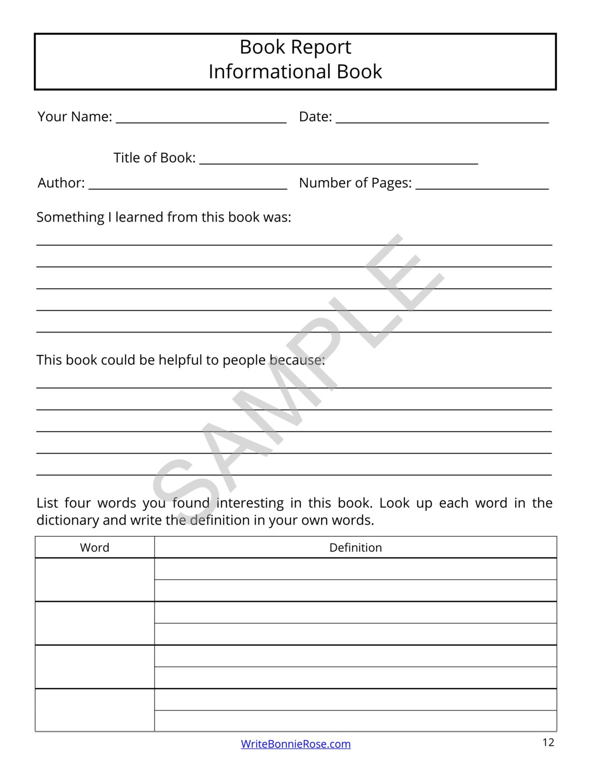 Book report forms made by teachers