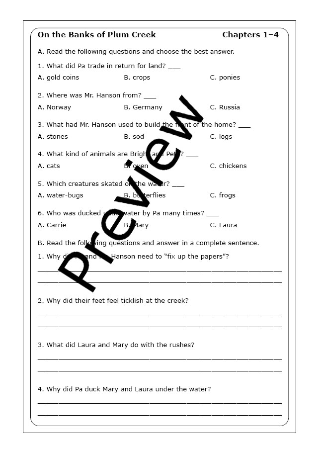 Laura Ingalls Wilder "On the Banks of Plum Creek" worksheets | Made By ...