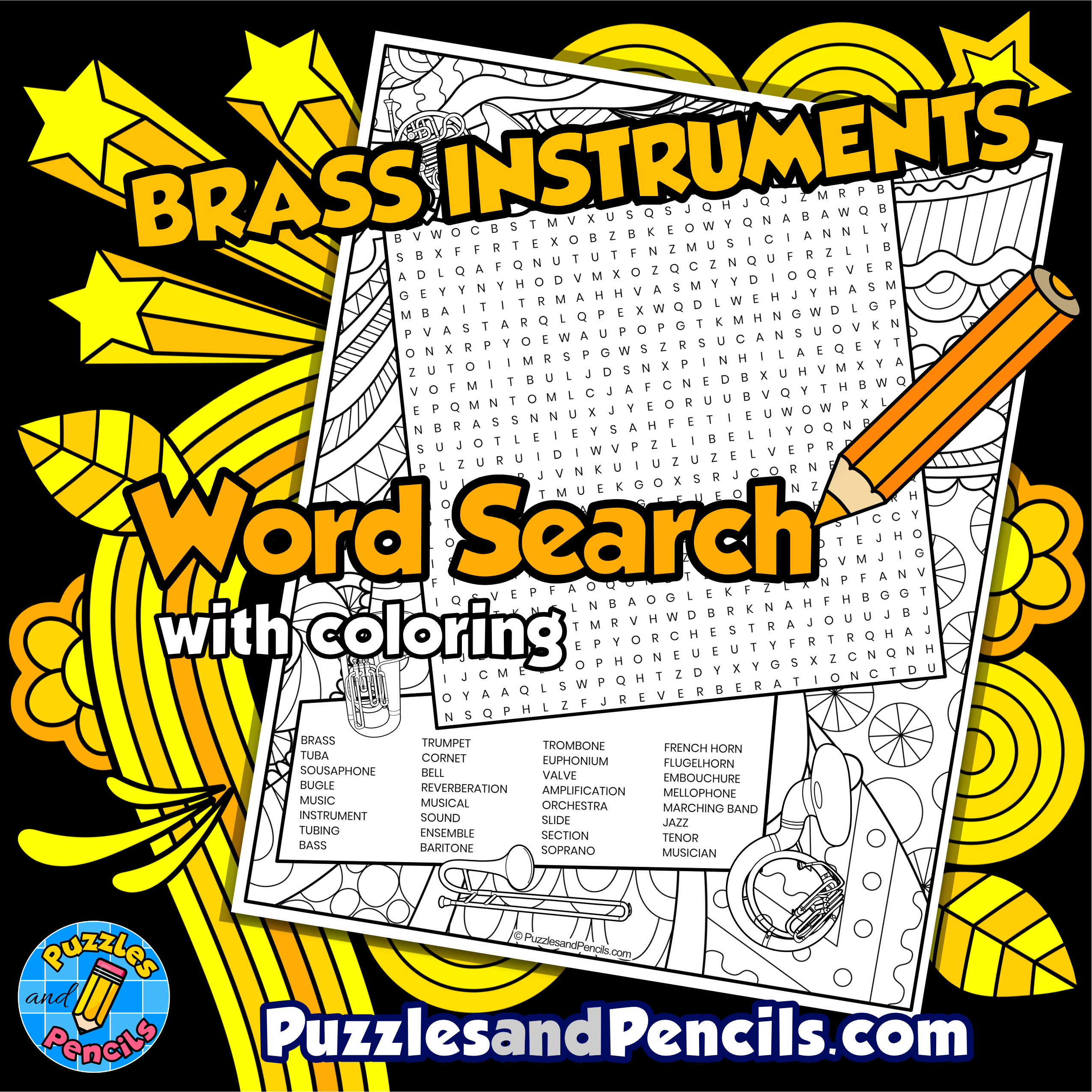 Brass instruments Word Search Puzzle Activity Page with Coloring