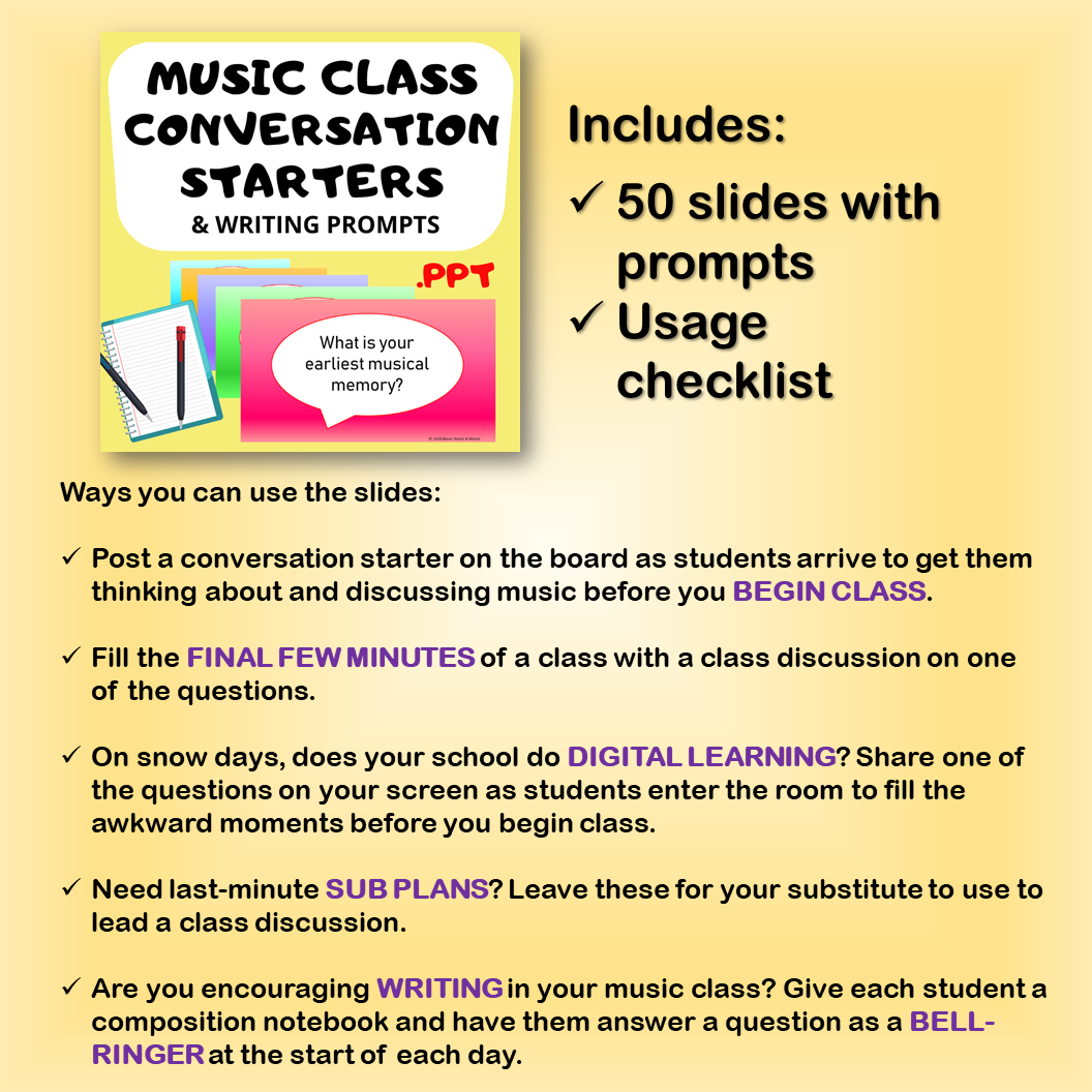 Music WRITING PROMPTS and CONVERSATION STARTERS for Middle and High