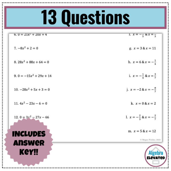 Solving Quadratic Equations by Factoring Matching Worksheet | Made By ...
