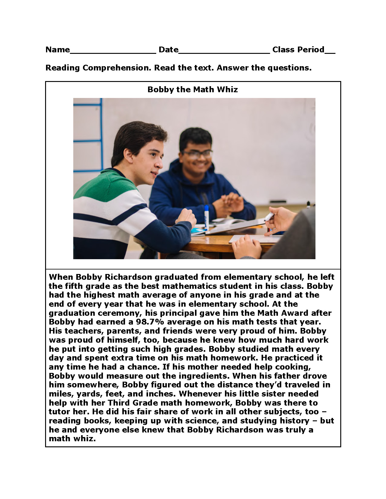 Bobby the Math Whiz Nonfiction Reading Comprehension Questions