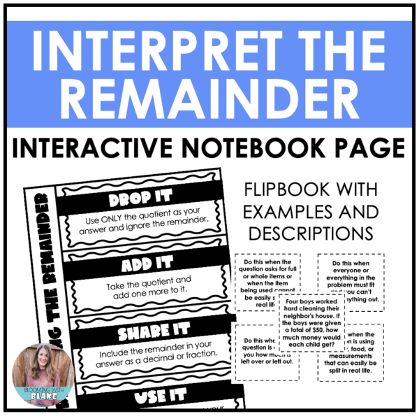 Interpreting Remainders Math Notebook Interactive Chart 4th Grade