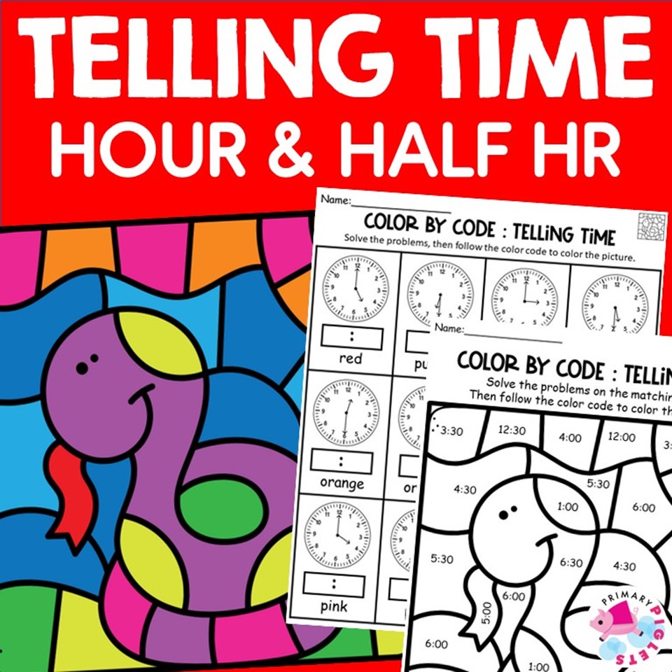 TELLING TIME TO THE HOUR AND HALF HOUR COLOR BY NUMBER CODE - SNAKE