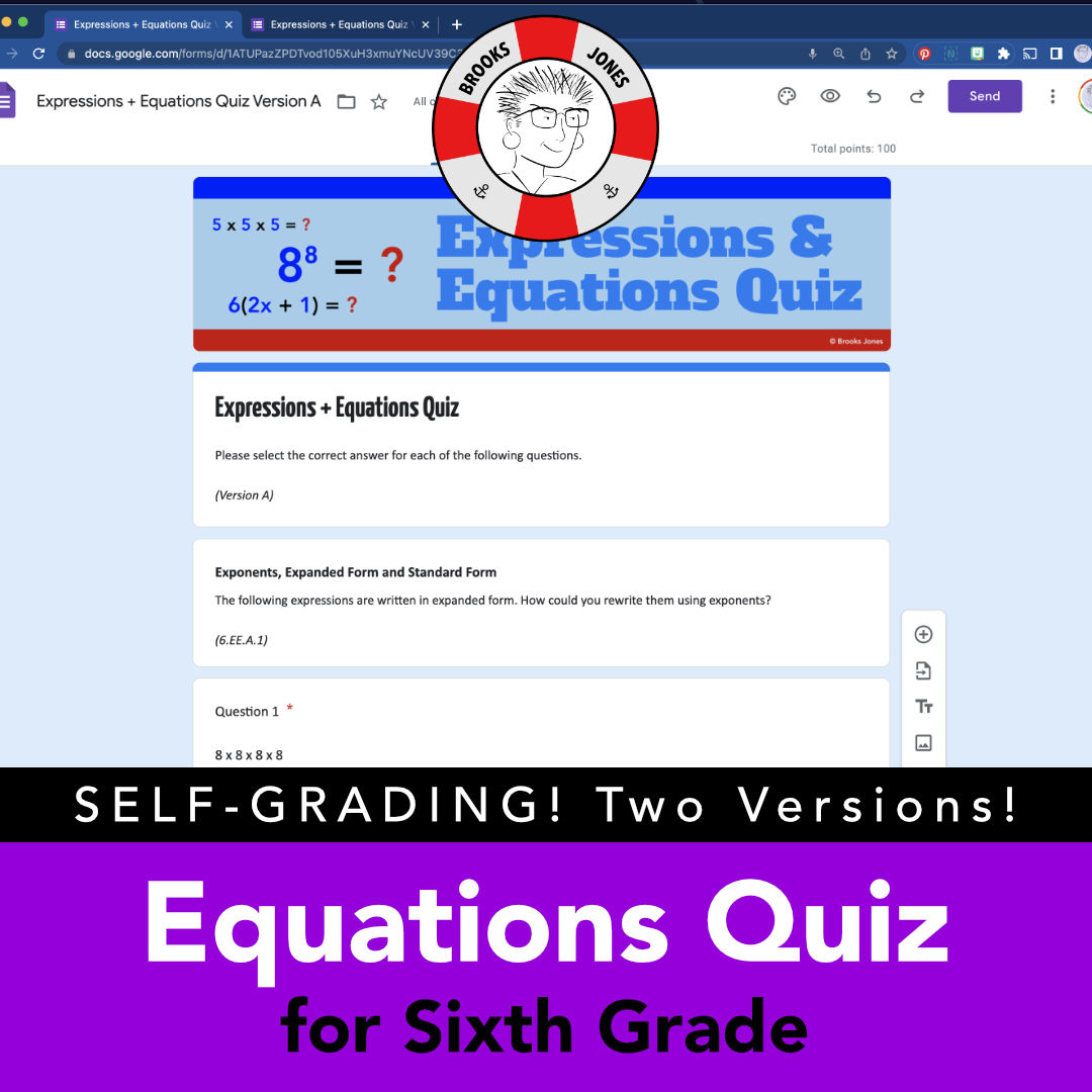 Expressions & Equations Quiz for 6th Grade TWO SelfGrading Versions