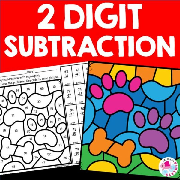 2 DIGIT SUBTRACTION WITH REGROUPING COLOR BY NUMBER CODE - PAWPRINTS ...