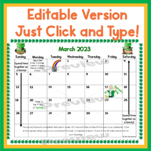 FREE PK and Kindergarten Homework Calendar March Homework Calendar ...