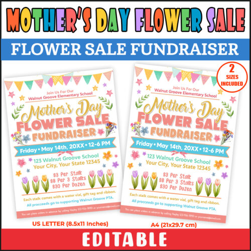 Editable Mother's Day Flower Flyer, Roses Carnation Fundraiser Template