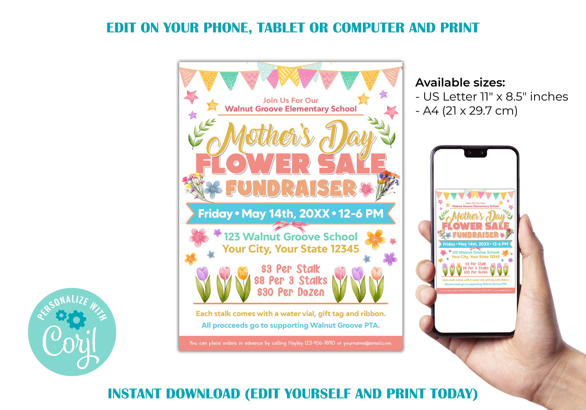 Editable Mother's Day Flower Flyer, Roses Carnation Fundraiser Template