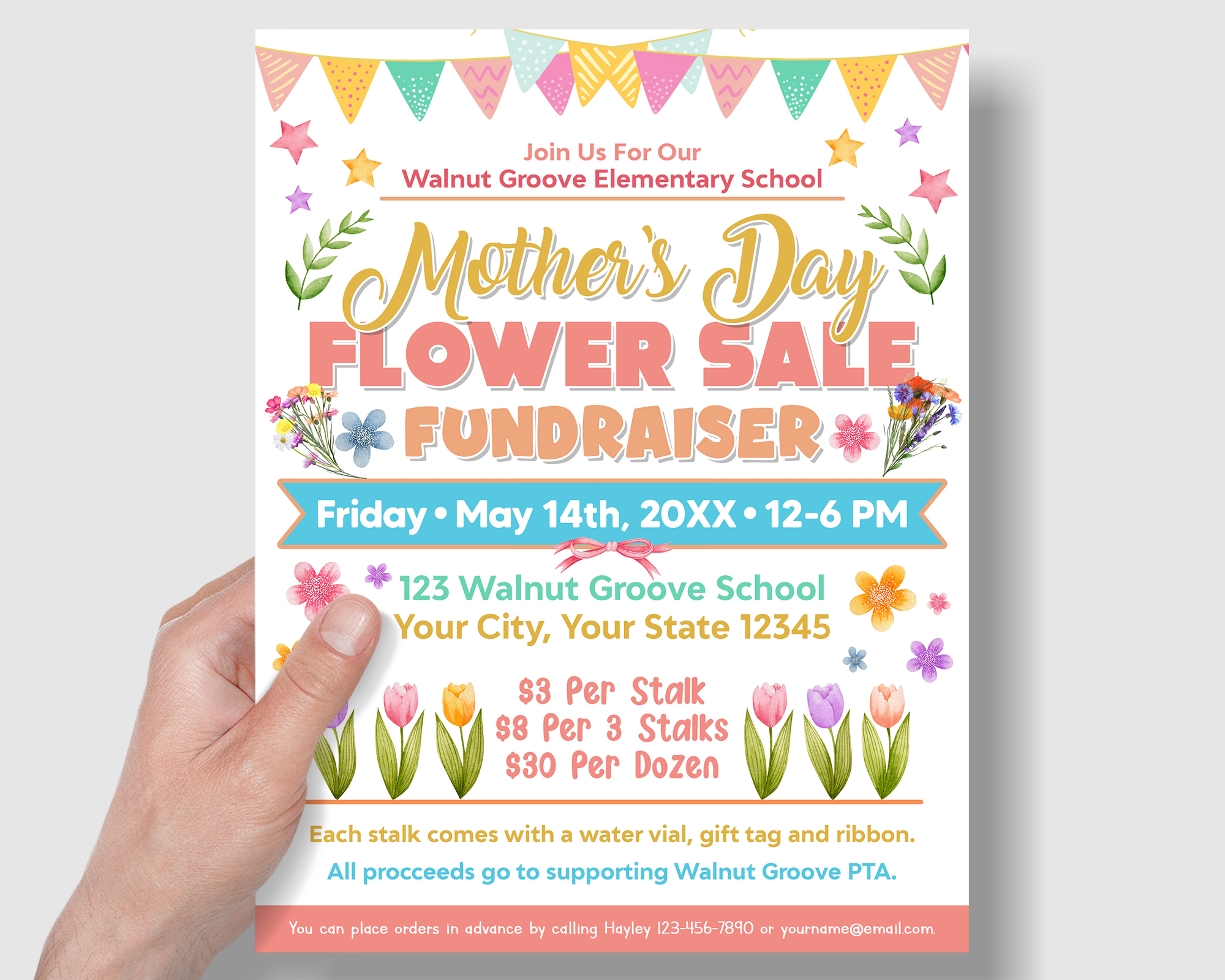 Editable Mother's Day Flower Flyer, Roses Carnation Fundraiser Template