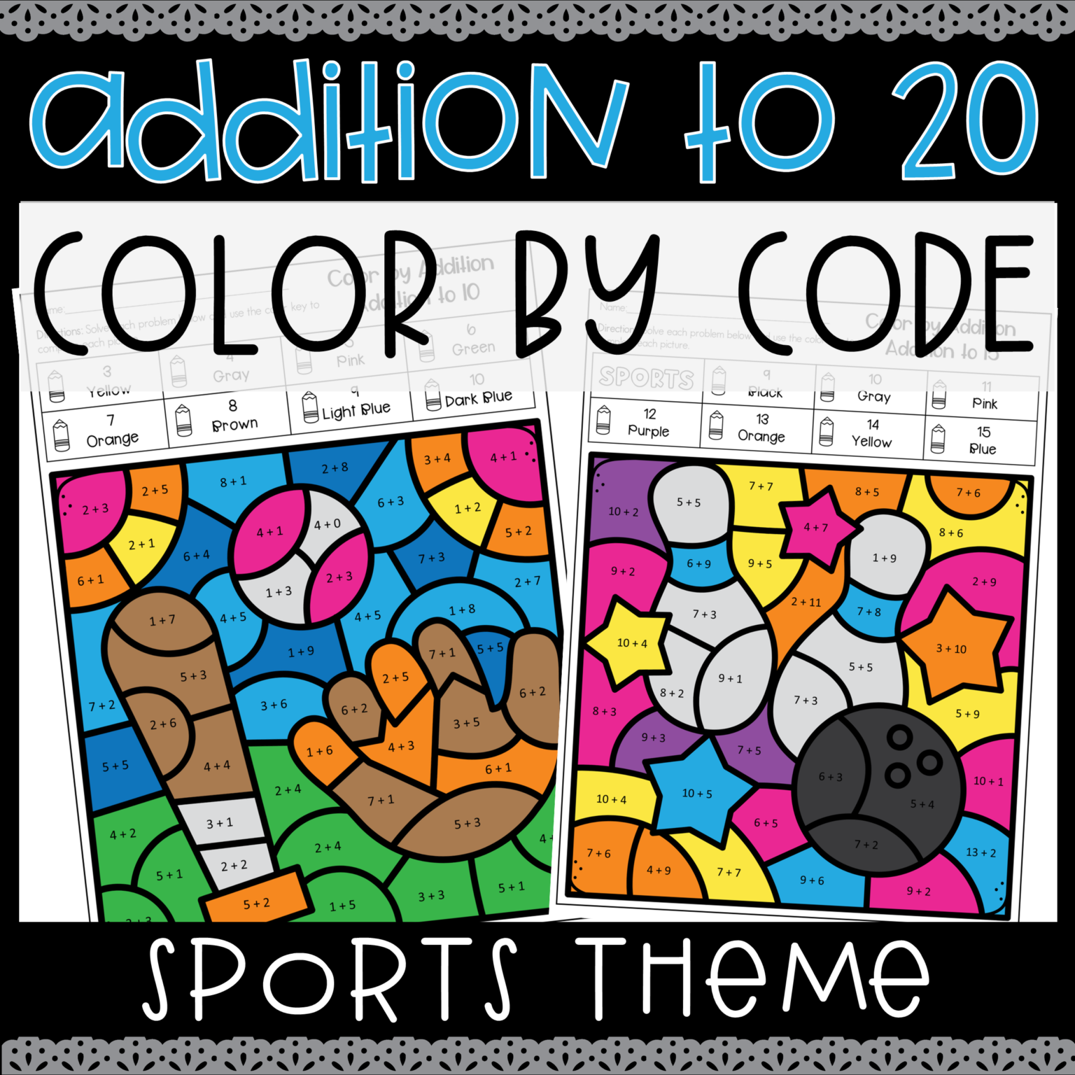 Sports Addition to 20 Color by Code Number NO PREP Coloring Worksheets ...