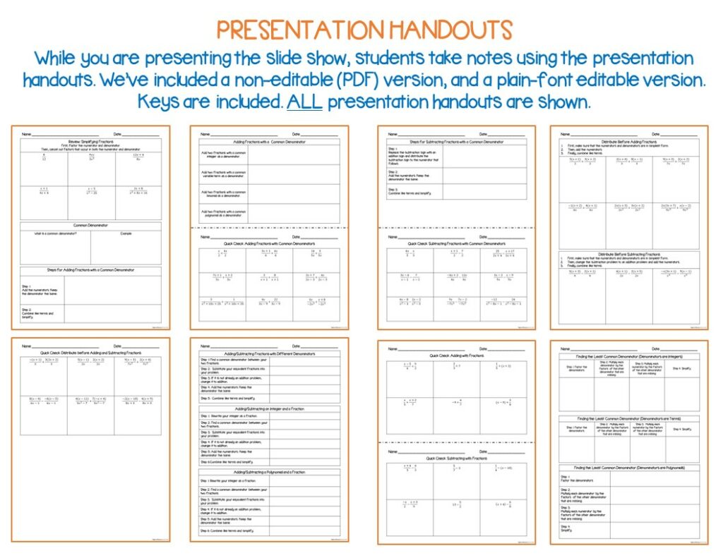 Adding and Subtracting Rational Expressions - Algebra Guided Note ...