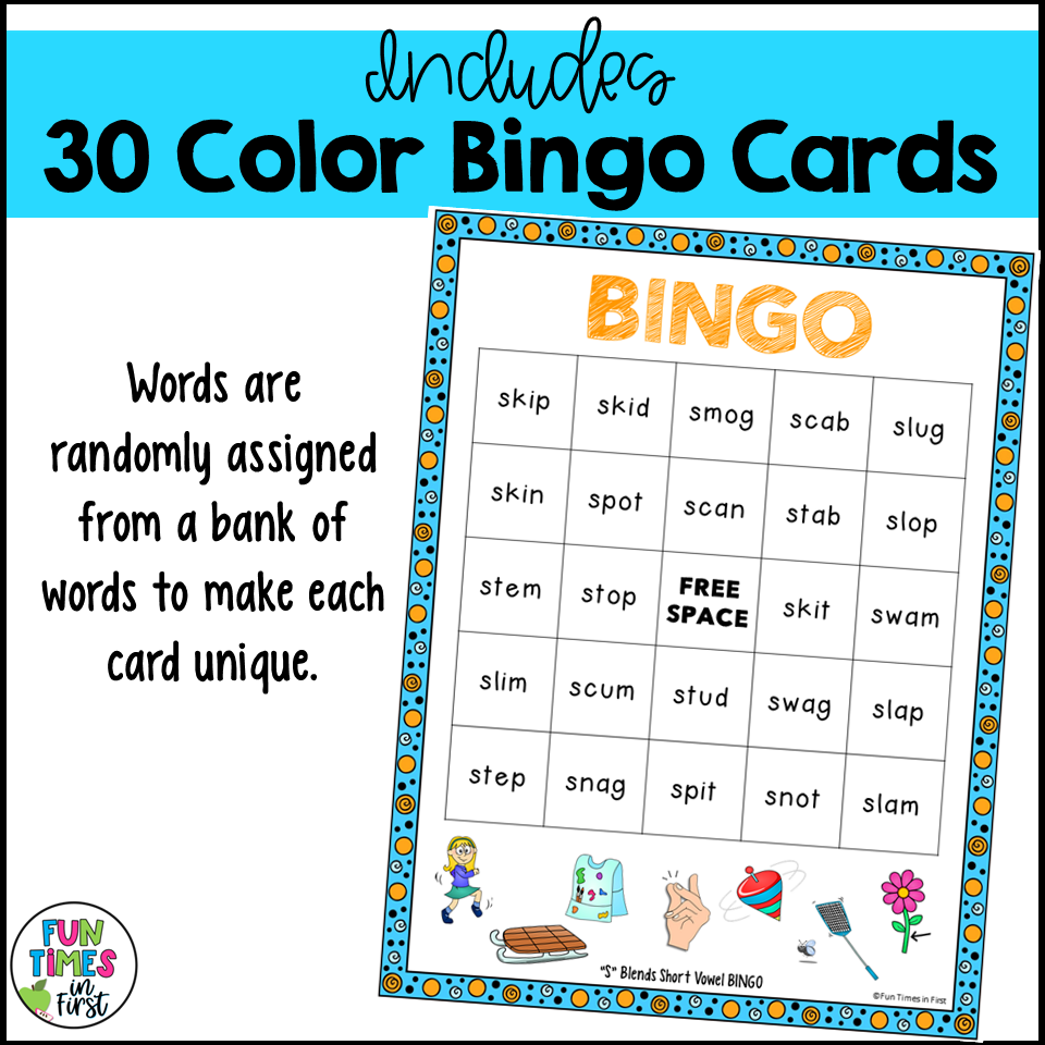 S Blends Short Vowels Bingo Game: No Prep Phonics Games - 1st Grade ...