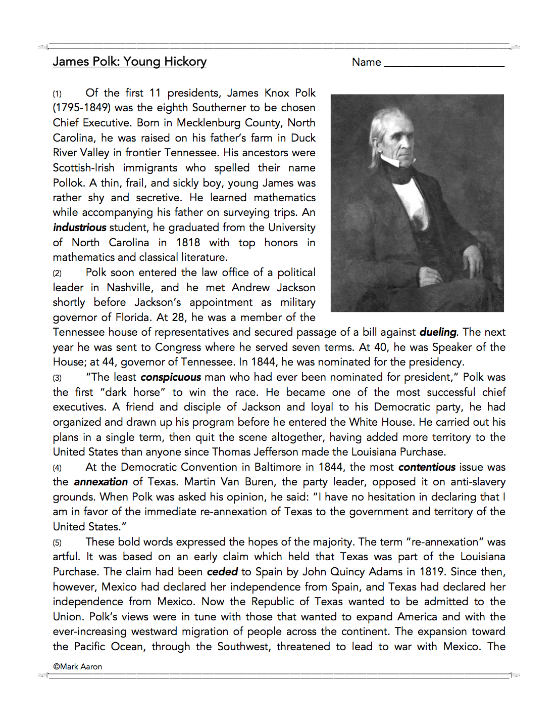James Polk U.S. President Biography and Assessment Made By Teachers