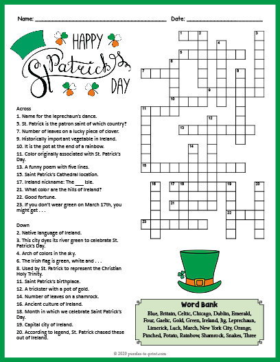 SAINT PATRICK S DAY Crossword Puzzle Worksheet Activity Made By Teachers