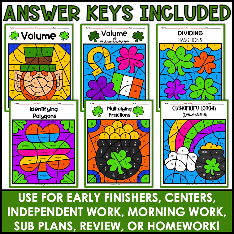 St. Patrick's Day Color by Number 5th Grade Math Worksheets Bundle