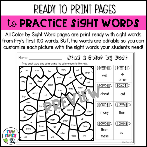 Spring Color By Sight Word Coloring Pages - Editable Sight Word ...