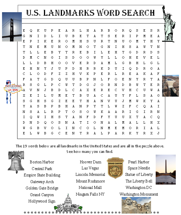U.S. Landmarks Word Search Puzzle