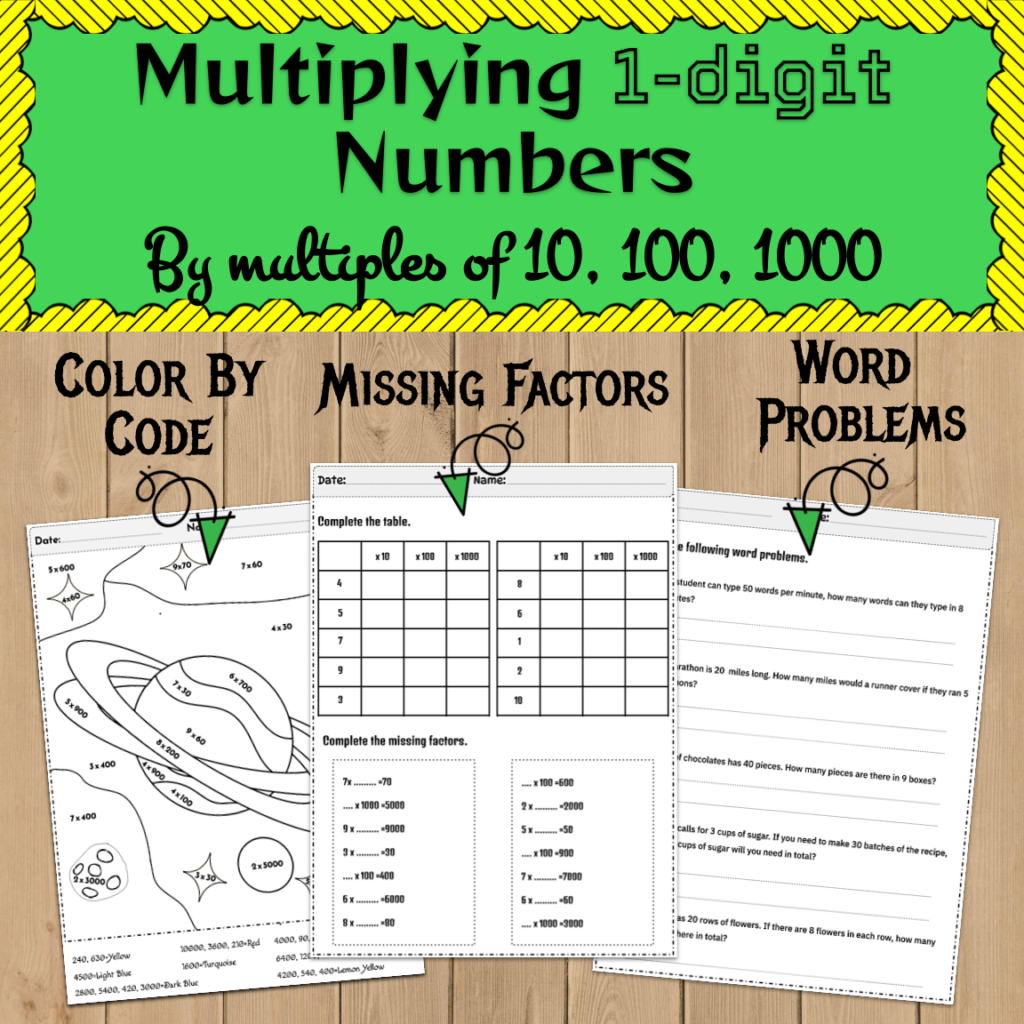 Multiplying 1 digit numbers by multiples of 10 100 1000 with word