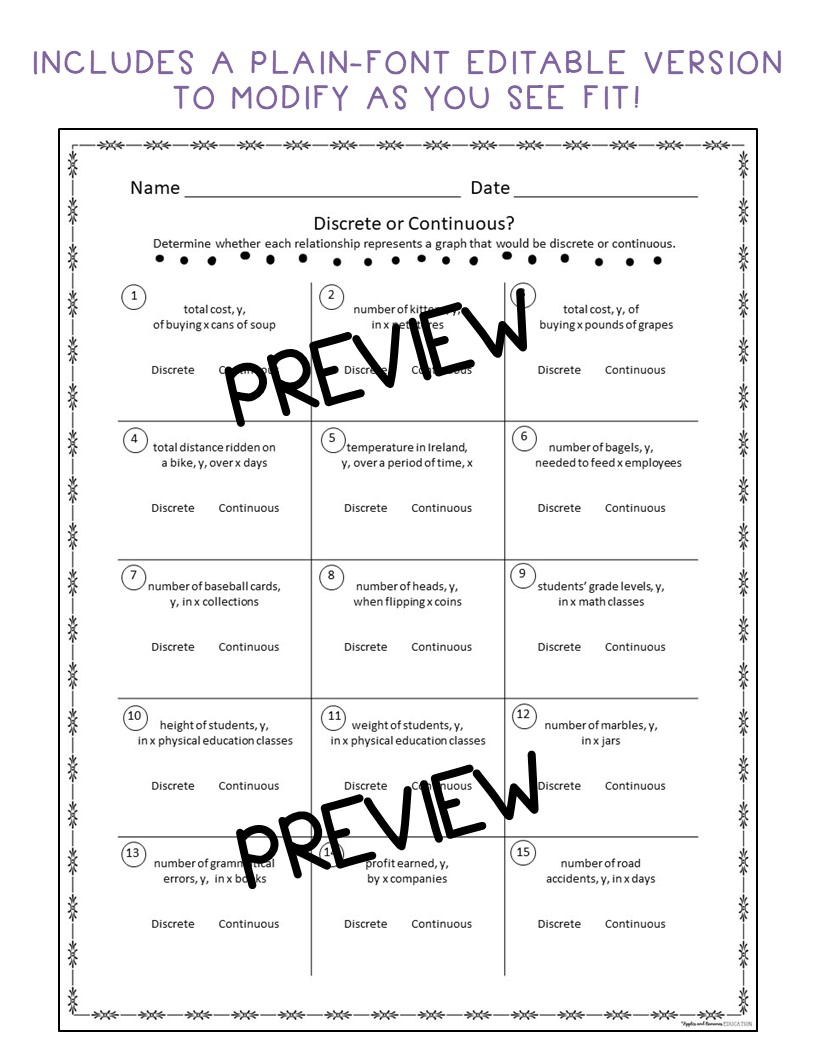 Discrete and Continuous Functions - Editable Student Practice Pages ...