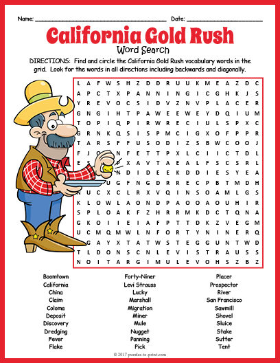 CALIFORNIA GOLD RUSH Word Search History Worksheet Activity Made By 