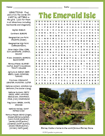 IRELAND Word Search Puzzle Worksheet Activity