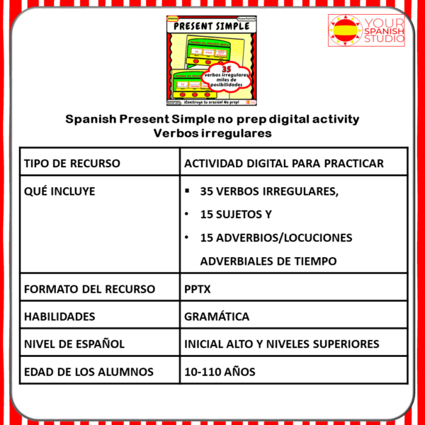 Spanish Present Simple no prep digital activity practice 35 Irregular ...