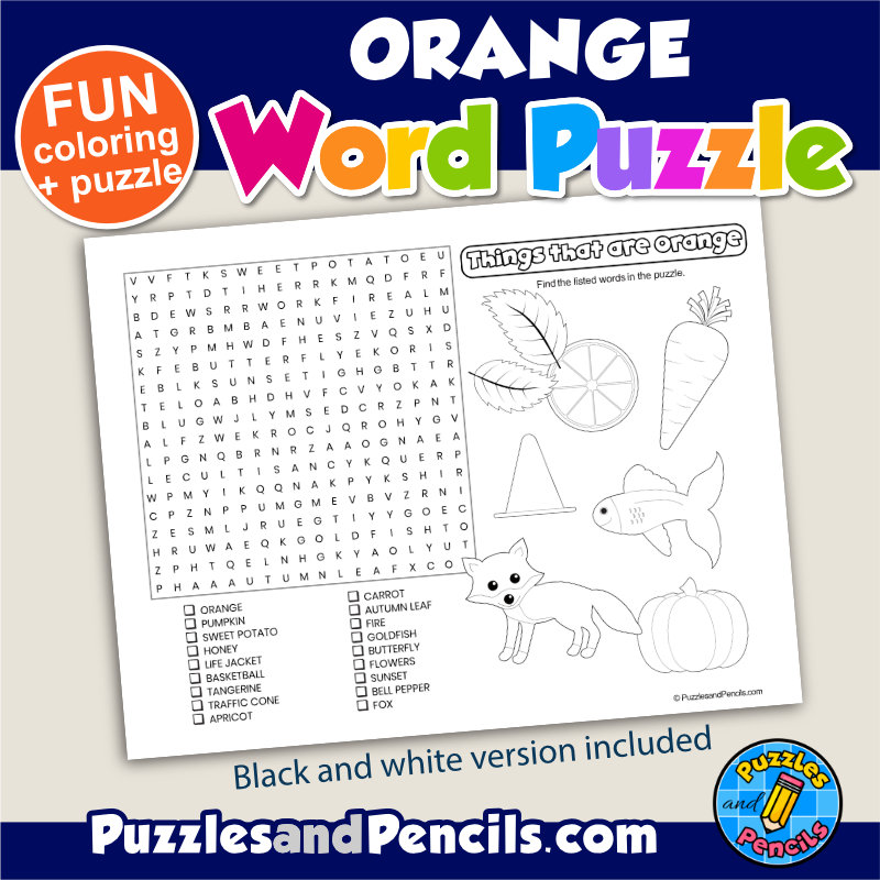 Things that are Orange Word Search Puzzle and Coloring Color