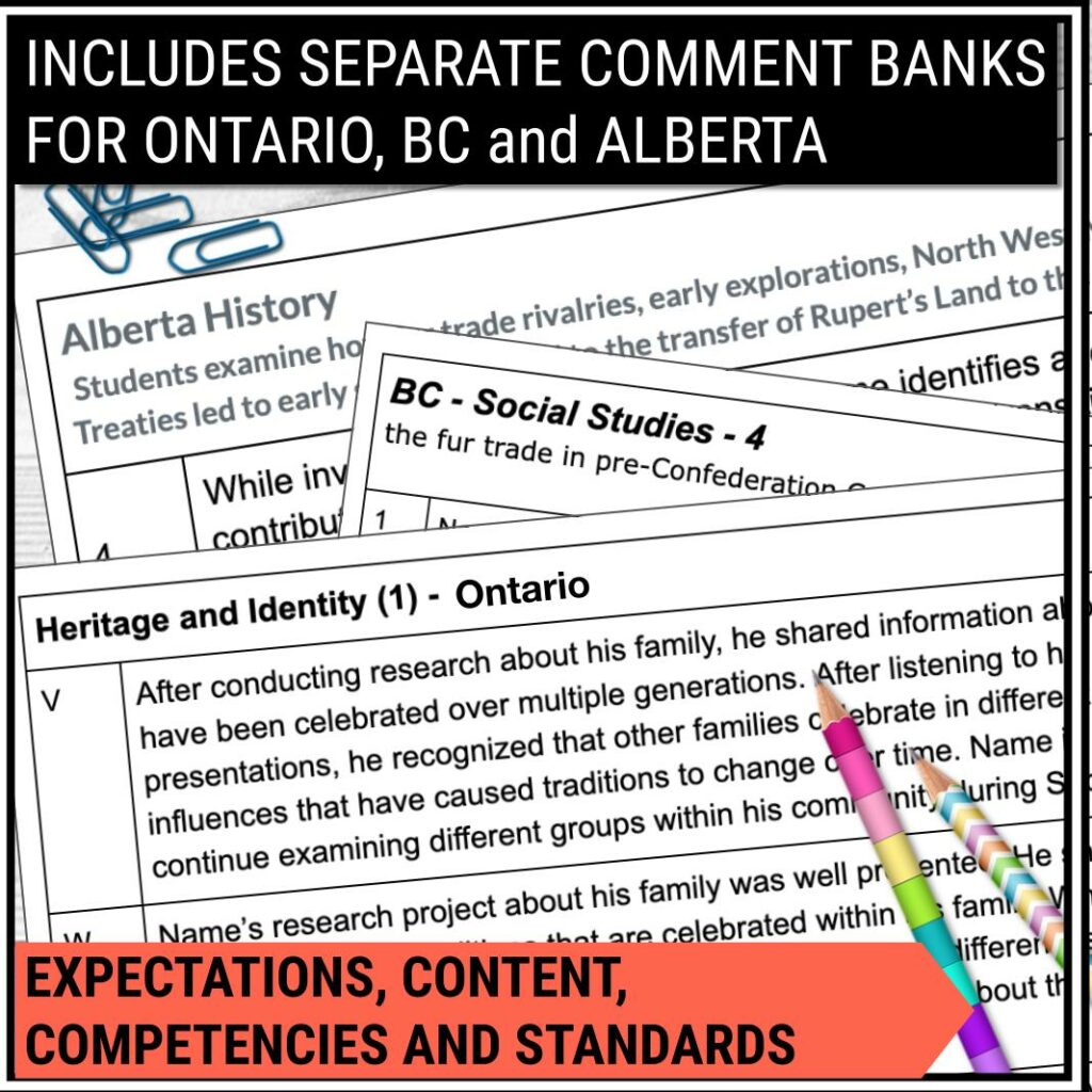 Social Studies Report Card Comments Ontario, Alberta and BC Grade 4