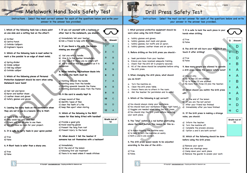 Metalwork Lessons - Set 3 "Printable Safety Tests" | Made By Teachers