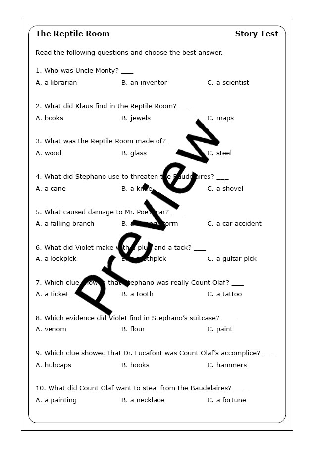 Lemony Snicket "The Reptile Room" worksheets Made By Teachers