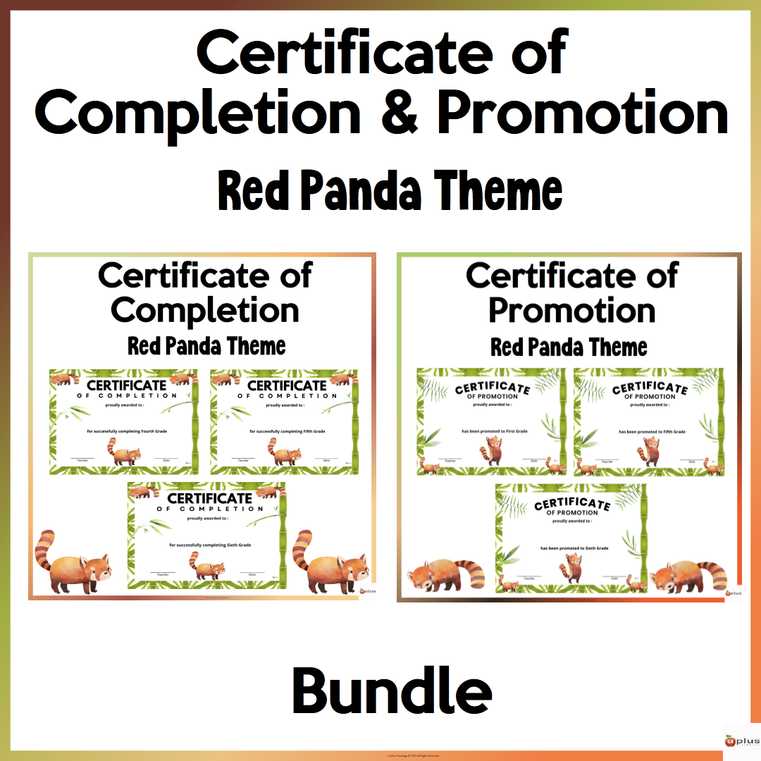 Editable Certificate of Completion and Promotion Red Panda Theme Bundle